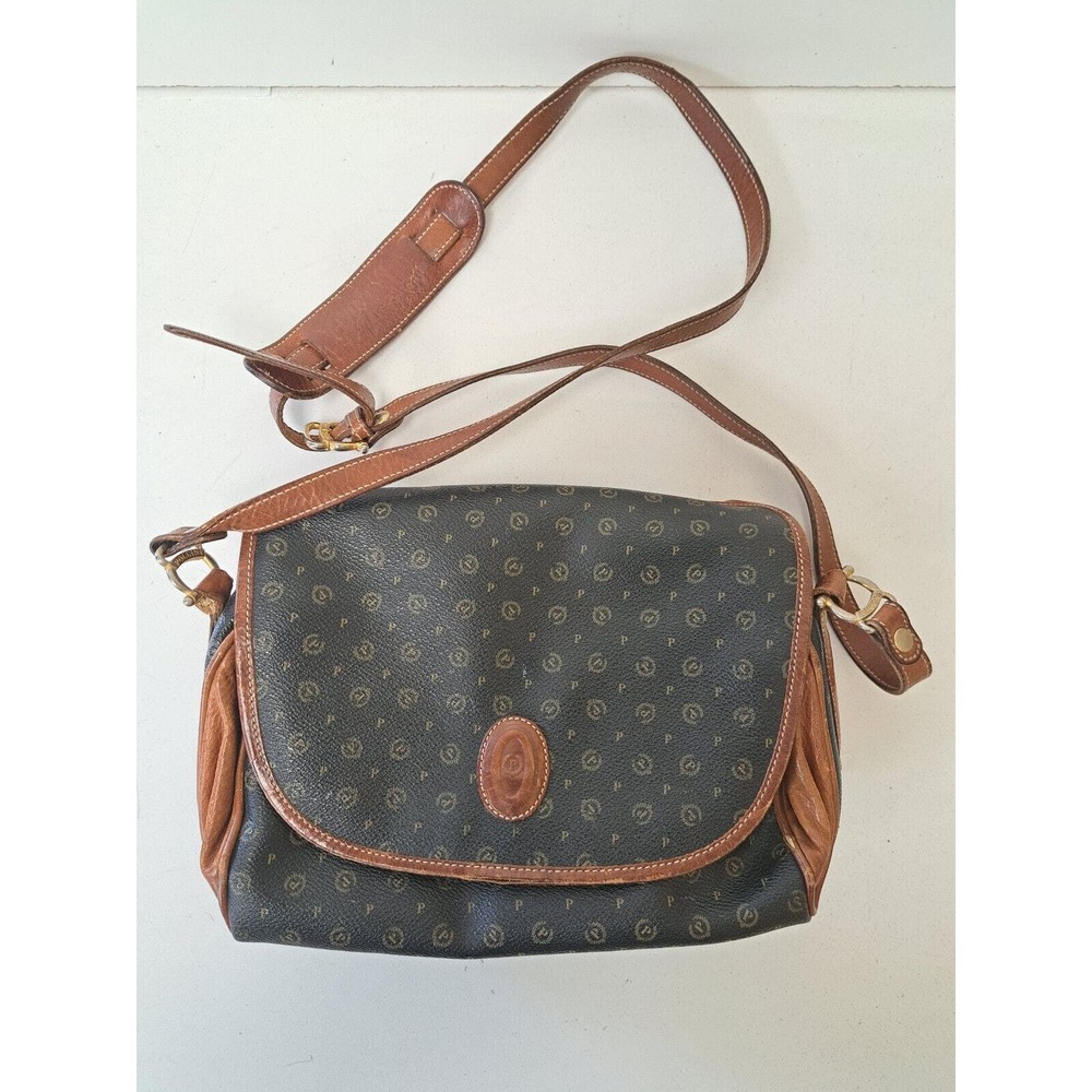 Pollini Vintage Black Leather Satchel Crossbody Bag Tan Trim
